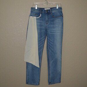 Sz 4 Hellessy Silk Cream Tie Sash Jewel Detail Denim Blue Jeans